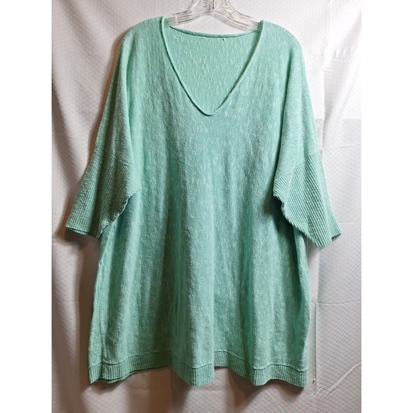 EILEEN FISHER Linen Cotton V-Neck Pullover Top Plus Sz Teal Green Coastal Luxury - Picture 1 of 5